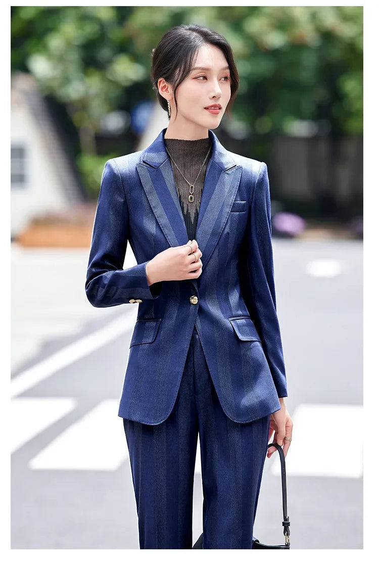 Women Blazer Pants Sets Yellow Two Pieces 2024 Autumn Workwear Trousers Formal Striped Navy Blue Long Sleeve Tops Pantsuit
