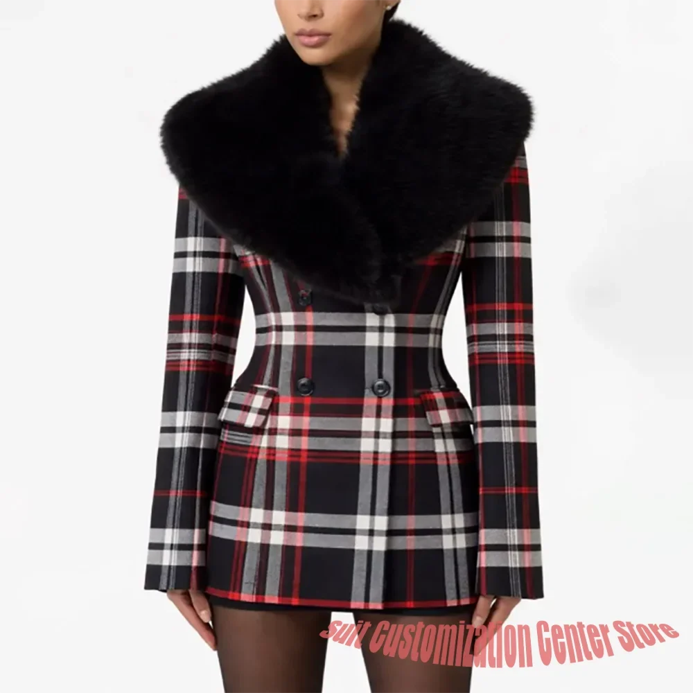 Dark Green Plaid Double-Breasted Blazer Women's Faux Fur Two Piece(Jacket+Pants) Stylish Evening Party Cocktail Event Outerwears