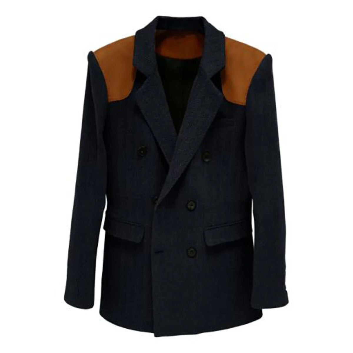 Men's Vintage Herringbone Blazer Contrast Shoulder Patches Double Breasted Wool Blend Suit Jacket Slim Fit Casual Business Coat