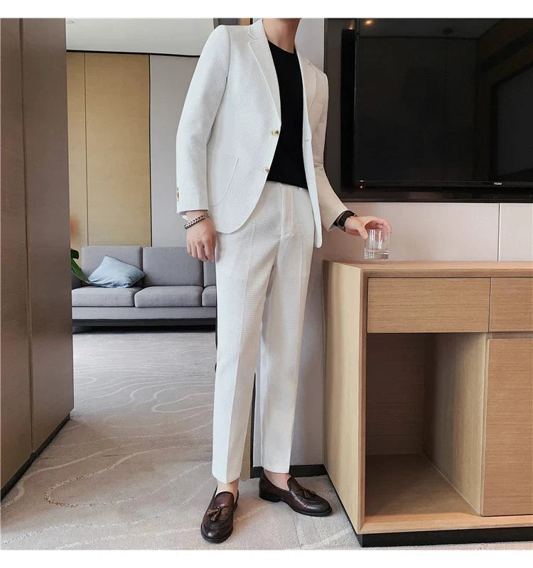 2025 New Waffle Blazers +Pant 2 Piece Set Men Fashion Business Slim Fit Solid Tuxedo Groom Wedding Prom Wear Casual Men's Sets