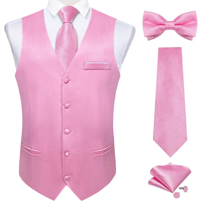 Men's Satin Suit Vest Set with Necktie Bow Tie Handkerchief and Cufflinks for Wedding and Formal Occasions