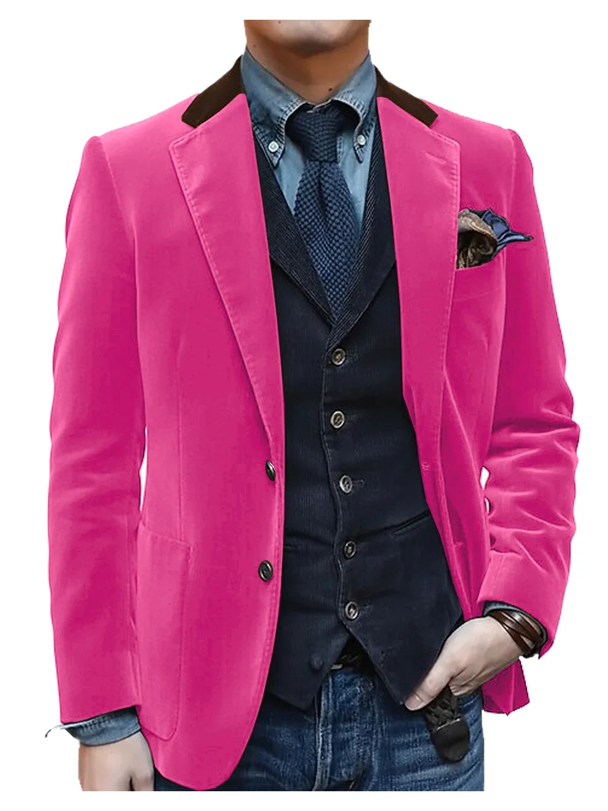 Men Velvet Blazer Contrast Brown Lapel Single Breasted Flap Pockets Smart Casual Business Streetwear Formal Outerwear