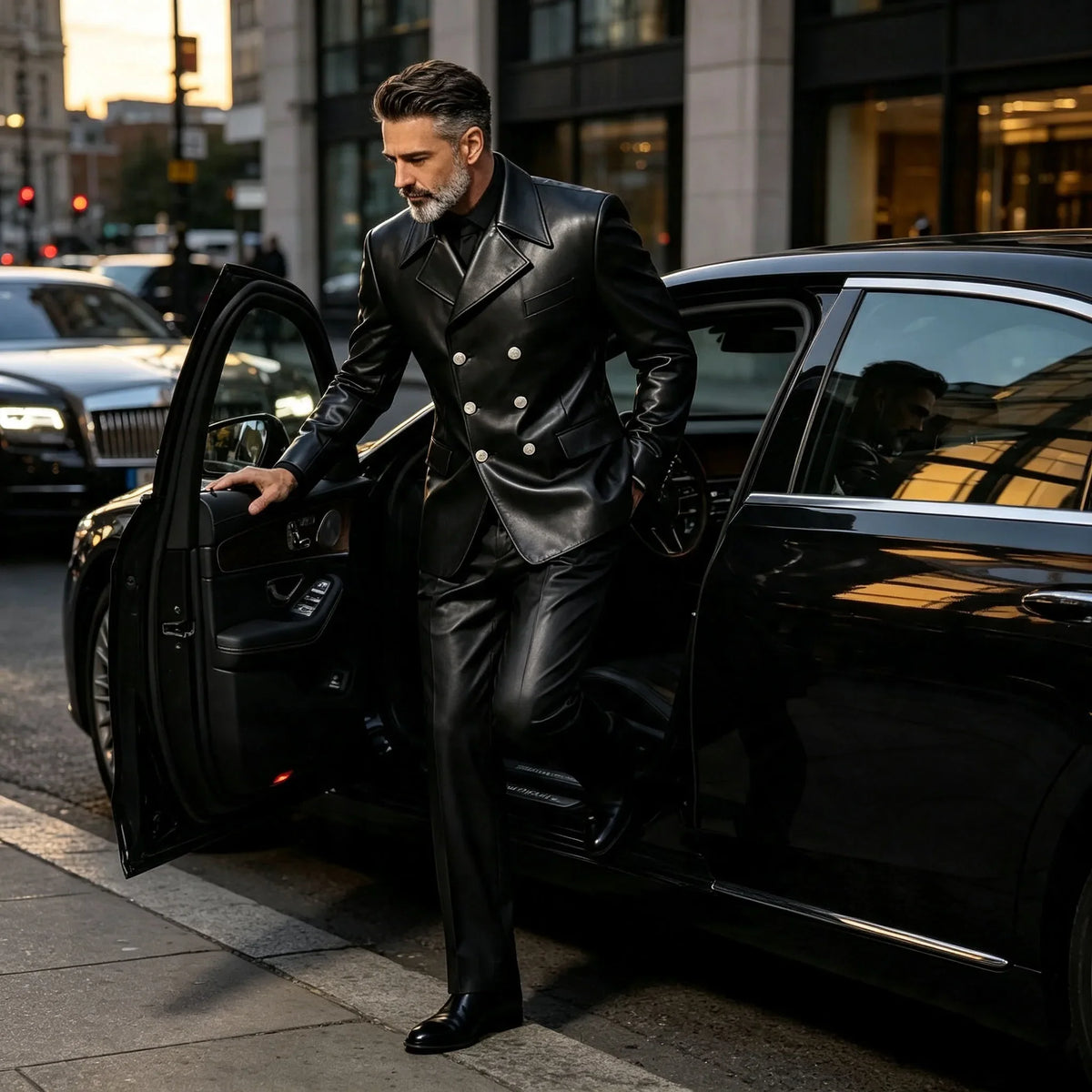 Men's Leather 2 Piece Suit Retro Double Breasted Peak Lapel Slim Fit Blazer Straight Leg Pants Formal Set Business Casual Weddin