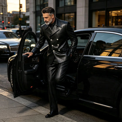 Men's Leather 2 Piece Suit Retro Double Breasted Peak Lapel Slim Fit Blazer Straight Leg Pants Formal Set Business Casual Weddin