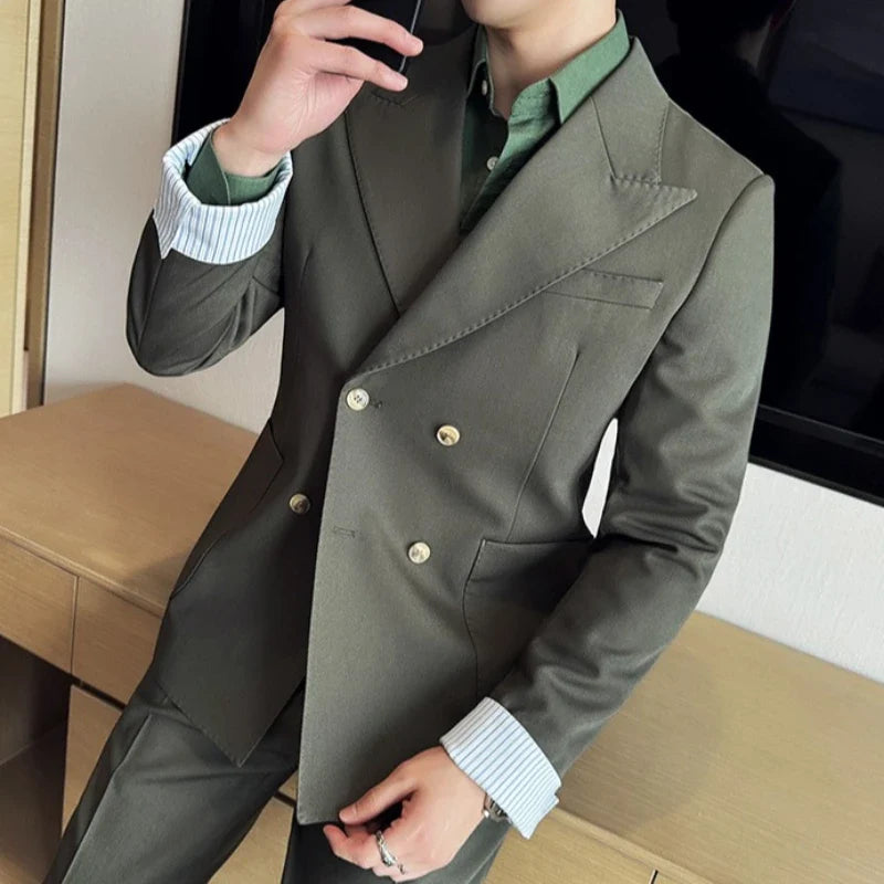 Korean Style Double Breasted Suit Jacket for Men Fashion Casual Business Suit Jackets Office Social Banquet Blazer Masculino