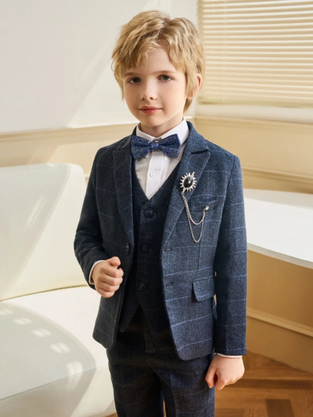 Txjojn Dark Blue Boys Plaid Suit Set 4 Pieces,Formal Long Sleeve Kids Suits For Autumn And Winter,Handsome Children's Tuxedo