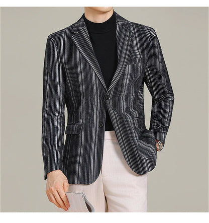 2025 Autumn Winter Velvet Striped Fashion Casual Suit Jacket Slim Fit Versatile Business Blazers Social Wedding Groom Dress Coat