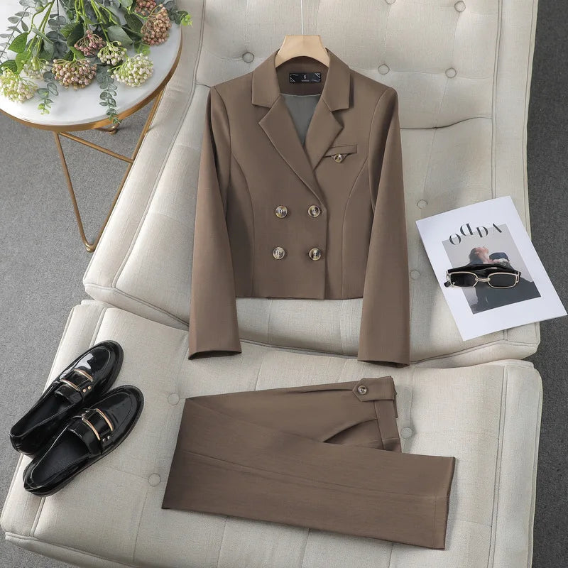 Spring Autumn Solid Women Suits Office Sets 2024 New Fashion Double Breasted Short Blazers Casual High Waist Pencil Pants Suits