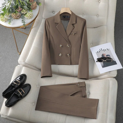 Spring Autumn Solid Women Suits Office Sets 2024 New Fashion Double Breasted Short Blazers Casual High Waist Pencil Pants Suits