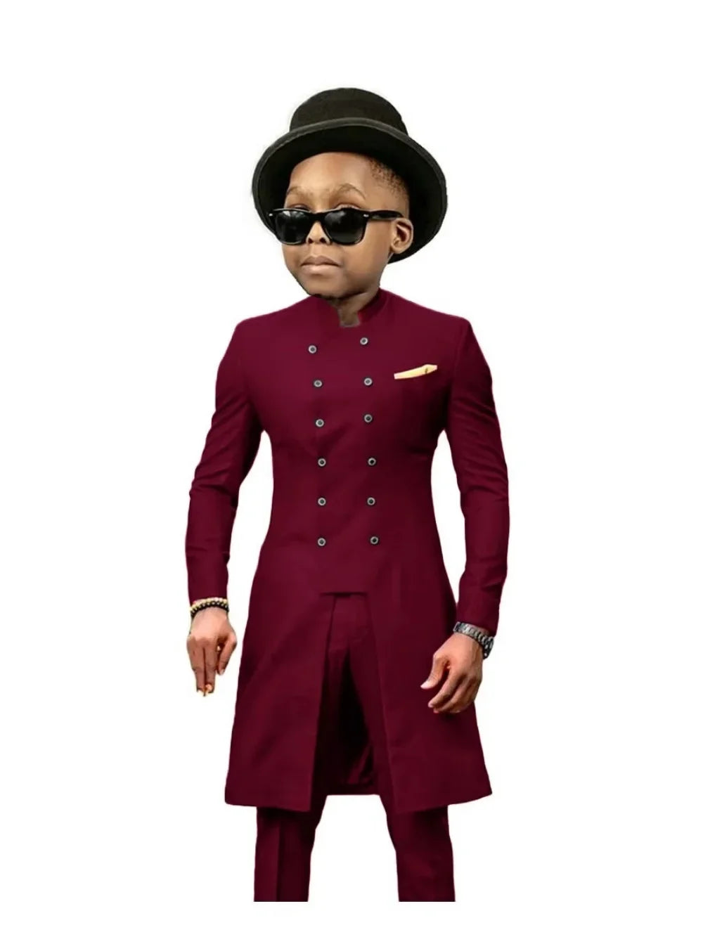 African Stand Collar Kids Long Suit Set 2 Pieces Wedding Guest Outfit Double Breasted Boys Formal Tuxedo Birthday Party Wear