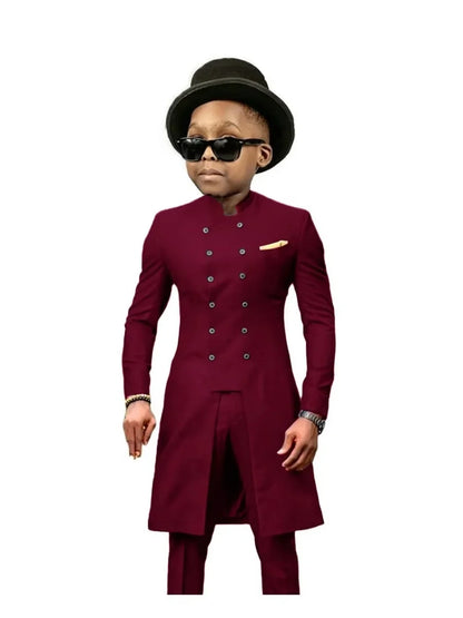 African Stand Collar Kids Long Suit Set 2 Pieces Wedding Guest Outfit Double Breasted Boys Formal Tuxedo Birthday Party Wear