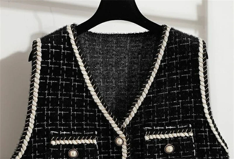 Women V-neck Tweed Sleeveless Vest Female Splicing Together Waistcoat Top Autumn Lady Lmitation Mink Fur Vest Jacket