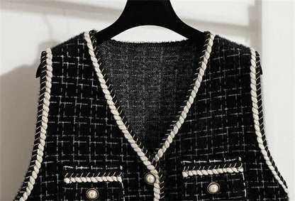 Women V-neck Tweed Sleeveless Vest Female Splicing Together Waistcoat Top Autumn Lady Lmitation Mink Fur Vest Jacket