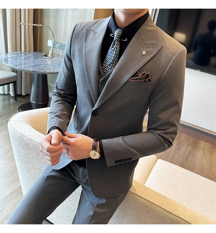 (Blazer + Vest + Trousers) 2024 New Men Formal Business Solid Suit 3 Pieces Set Italian Style Luxury Wedding Social Party Tuxedo