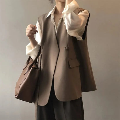 Women V-Neck Suit Coats Casual Sleeveless Blazer Korean Style Oversize Work Vests 2025 Spring Elegant Solid OL Blazer