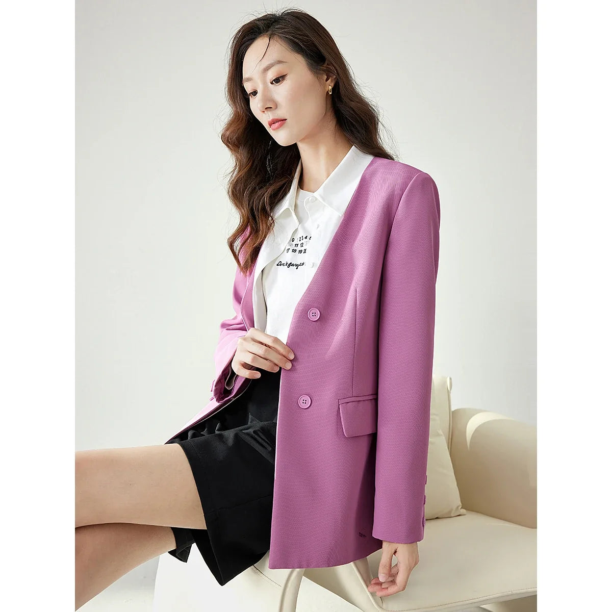 Women's Magenta Blazer Coat 2026 Fall Polo Collar Long Sleeves Outwear Fashion Office Lady Casual Elegant Jacket M2815