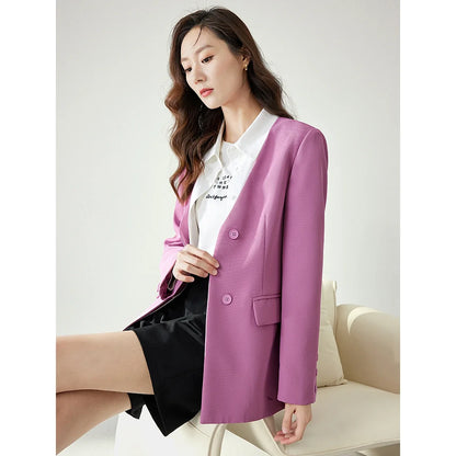 Women's Magenta Blazer Coat 2026 Fall Polo Collar Long Sleeves Outwear Fashion Office Lady Casual Elegant Jacket M2815