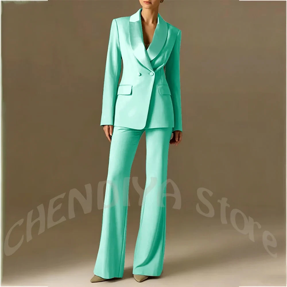 Classic Shawl Lapel Suit For Women Elegant Double Breasted Outfit Solid Color Two Piece Straight Modern Style Office Wear