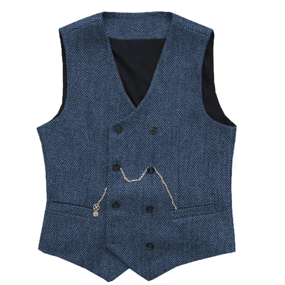 Men's Herringbone Suit Vest Double Breasted Waistcoat for Weddings and Business