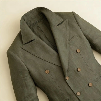 Vintage Men's Linen Blazer Double Breasted Peak Lapel Slim Fit Jacket Breathable Soft Wrinkle Free Business Casual Men Suit Coat