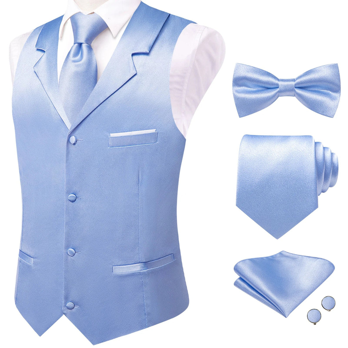 Men's Satin Waistcoat 5-Piece Set with Rose Gold Lapel – Vest, Necktie, Bow Tie, Pocket Square & Cufflinks