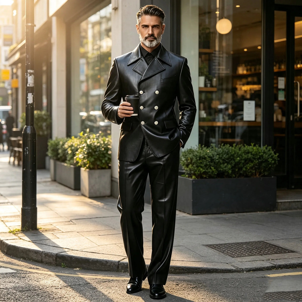 Men's Leather 2 Piece Suit Retro Double Breasted Peak Lapel Slim Fit Blazer Straight Leg Pants Formal Set Business Casual Weddin