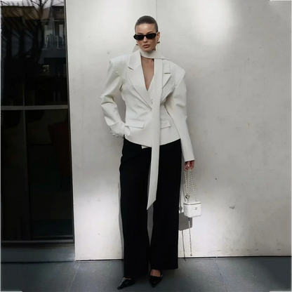 Women Elegant Suit With Scarf Notched Lapel Blazer Pants Regular Fit Contrast Color Outfit Fashion Formal Set For Office Lady