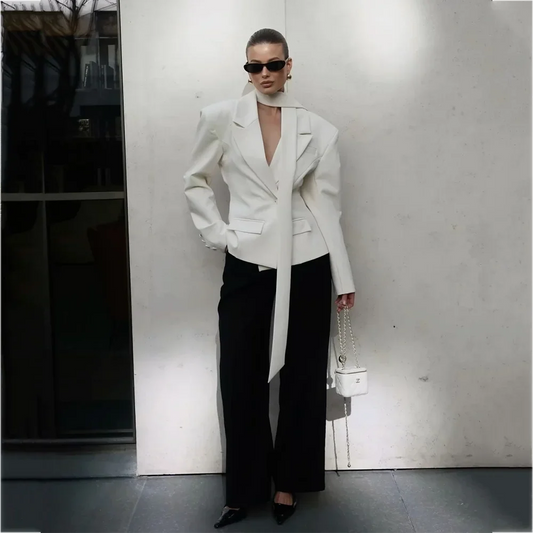 Women Elegant Suit With Scarf Notched Lapel Blazer Pants Regular Fit Contrast Color Outfit Fashion Formal Set For Office Lady