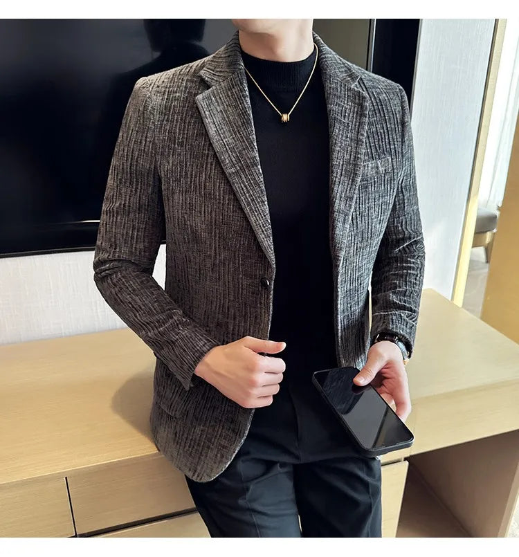 2025 Winter Chenier Thick Suit Jacket for Men Korean Slim Fit Casual Business Men Blazers Wedding Groom Office Social Dress Coat