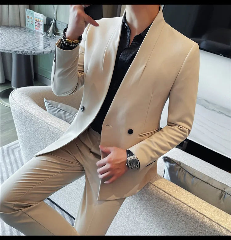 Autumn Winter Collarless Gentleman's Suit Jacket Men's Dinner Party Formal Dress Coats Blazers Wedding Business Suit Jackets