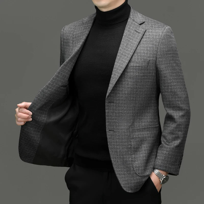 Men's Blazer Wool Cashmere Silk Plaid Smart Casual Winter Suit Jacket