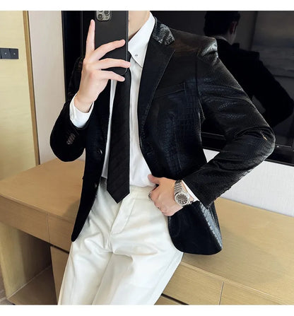 2026 Crocodile Patterned Leather Suit Jacket Men Slim Fit Business Casual Leather Jacket Wedding Groom Party Work Men Blazers