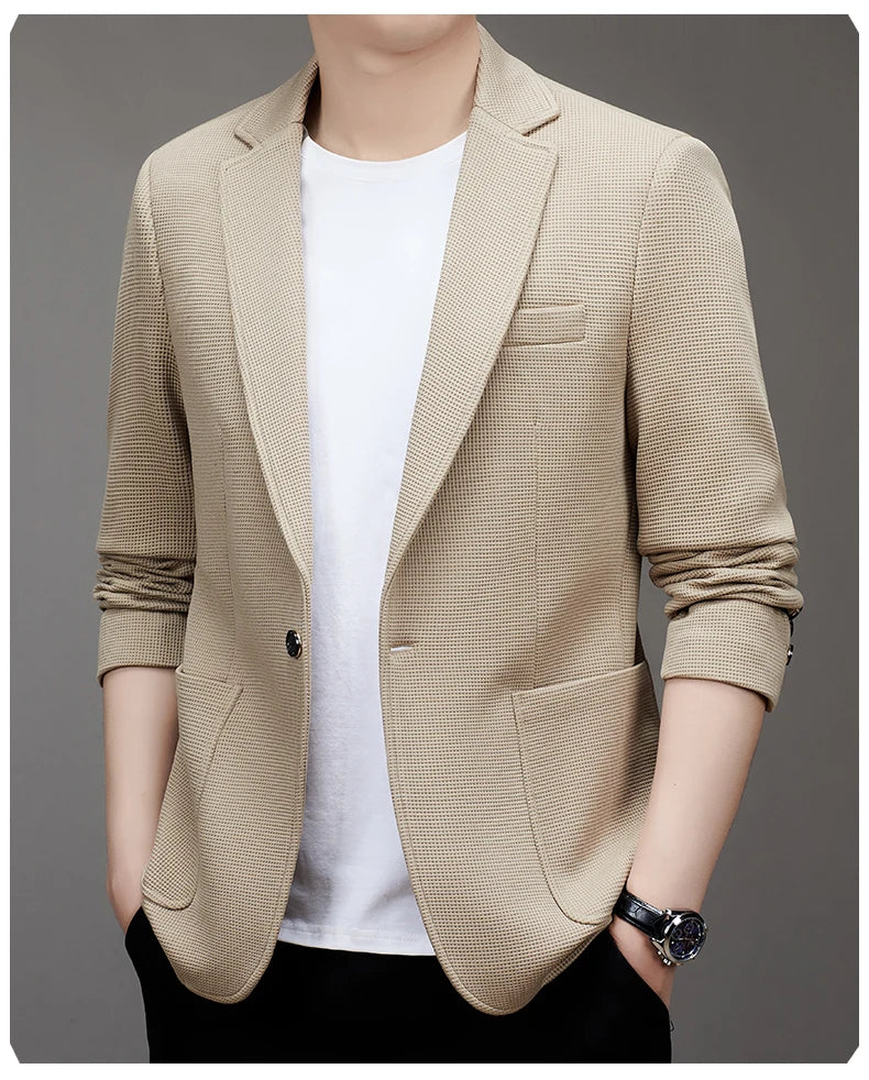 New men's suit jacket with non-stretch flat collar, waffle pattern, for business casual and fitted formal wear.