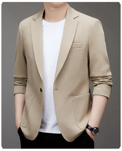 New men's suit jacket with non-stretch flat collar, waffle pattern, for business casual and fitted formal wear.