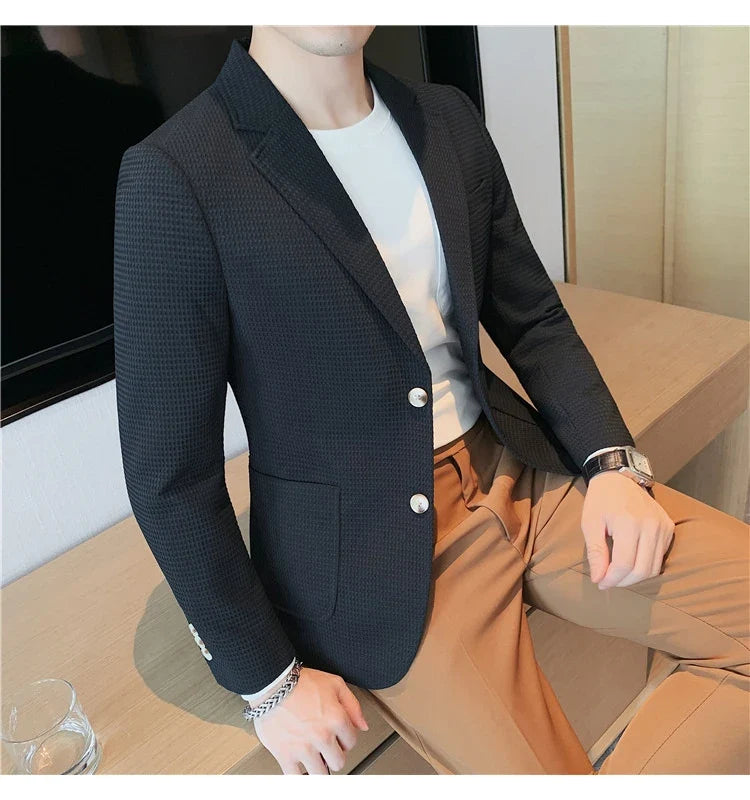 2025 Spring New Waffle Suit Coats Men Slim Fit Business Casual Blazer Jacket Homme Formal Groom Prom Wedding Tuxedo 4XL-M