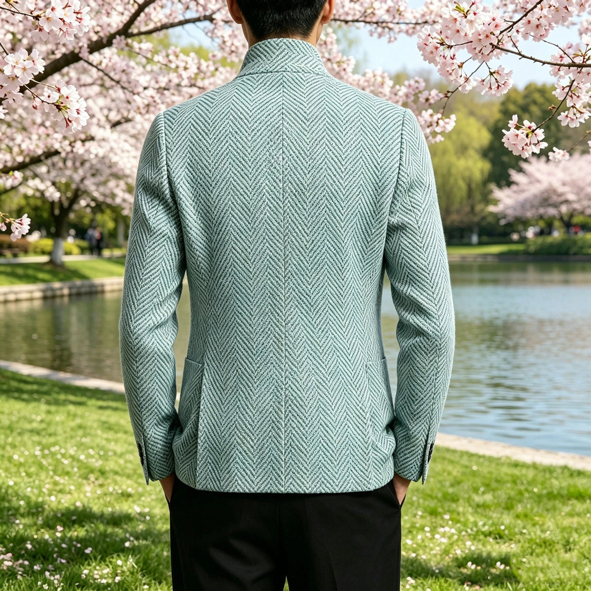 Men's Herringbone Tweed Blazer Stand Collar Slim Fit Business Casual Suit Jacket Spring Daily Commute Lightweight Sport Coat