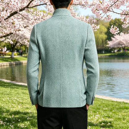 Men's Herringbone Tweed Blazer Stand Collar Slim Fit Business Casual Suit Jacket Spring Daily Commute Lightweight Sport Coat