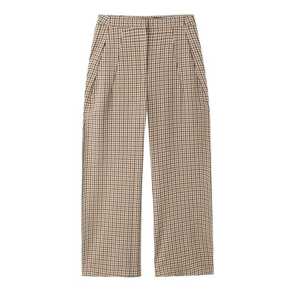 Stylish Plaid Pant Suits for Women New in Commuting Style Two Pieces Straight Plaid Blazer Matching Tonal Pleated Wide Leg Pants