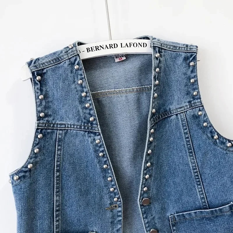 2023 Spring Summer Denim Jacket V-neck Women Vest Coat Female Rivet Sleeveless Short Jeans Jackets Cowboy Waistcoat
