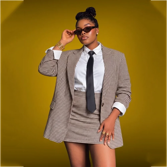 Women Houndstooth 2 Piece Skirt Suit Oversized Notched Lapel Blazer Mini Skirt Vintage Preppy Outfit Business Casual Events