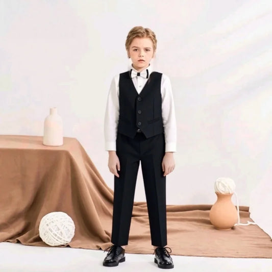 Boys 4-Piece Formal Suit Set with Blazer, Vest, Pants & Bowtie – Kids Wedding & Ceremony Outfit