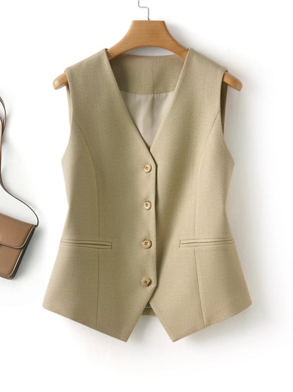 Fashionable Sleeveless Suit Vest for Women in Spring and Autumn Single-Breasted Short V Neck Top Layered with Workplace Elegant W