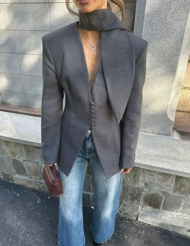Women's Waist-Cinching Blazer, V-Neck Slim Fit, with Tie, High-End Office Jacket, Single-Button, Women's Formal Top, Commuter Blazer