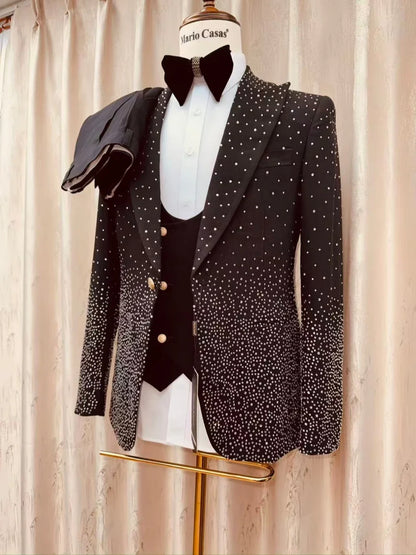 Man Gorgeous Beaded Tuxedo 3 Pieces Party Prom Wear Elegant Handsome Peak Lapel Men's Slim Fit Suits Wedding Birthday Sets S-3XL