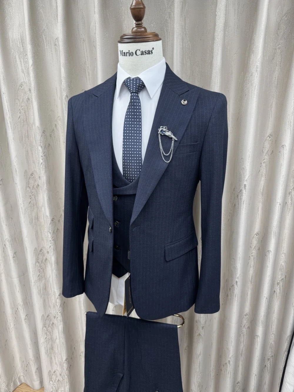 Formal Blue Men's Striped Suit Set 3 Pieces Office Outfit Classic Peak Lapel Long Sleeved Suits For Business Party Tuxedo S-3XL