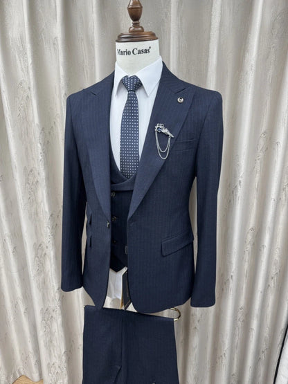 Formal Blue Men's Striped Suit Set 3 Pieces Office Outfit Classic Peak Lapel Long Sleeved Suits For Business Party Tuxedo S-3XL