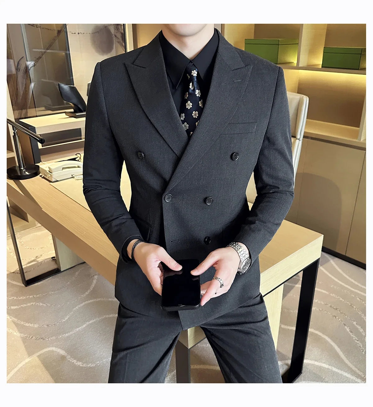 Men's Double Breasted Suit Set – Slim Fit Blazer, Vest & Pants for Wedding & Business