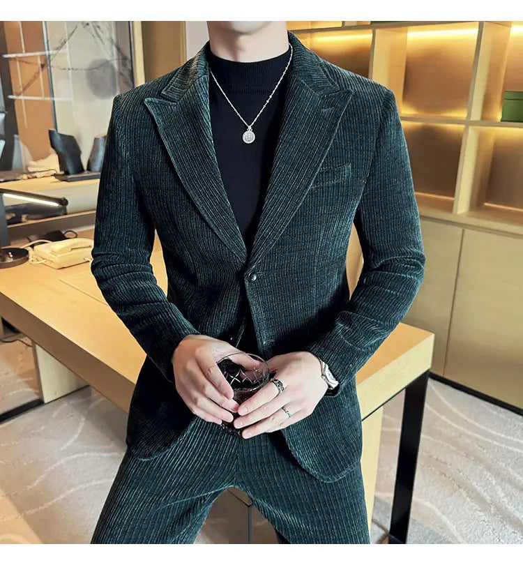 ( Jacket+Pants) Men Corduroy Suit Two-Piece Set High Quality Italian Style Business Suit Luxury Men Formal Wedding Groom Tuxedos