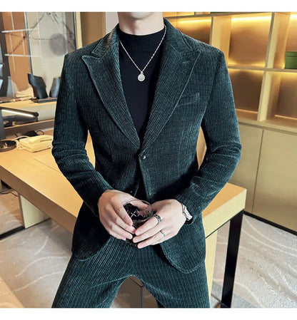 ( Jacket+Pants) Men Corduroy Suit Two-Piece Set High Quality Italian Style Business Suit Luxury Men Formal Wedding Groom Tuxedos