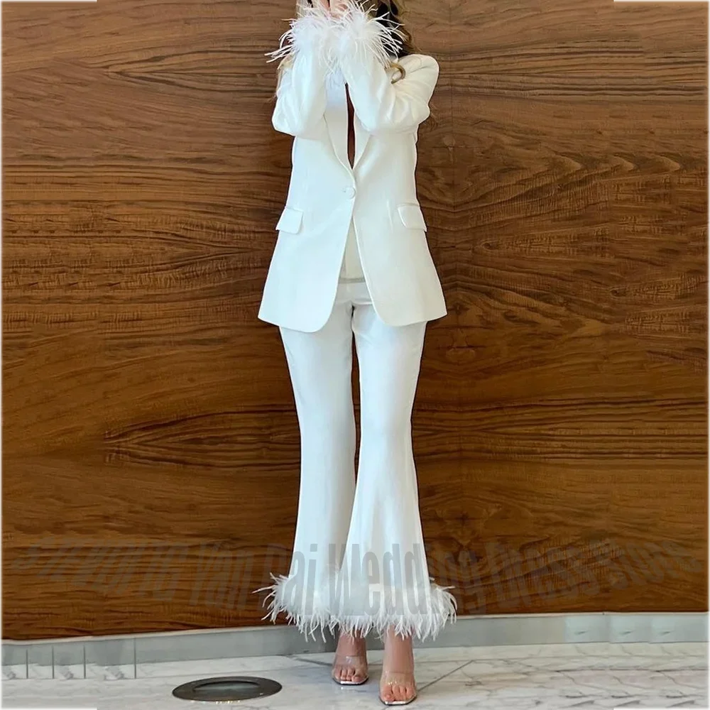 Exquisite Feathers Women's Suits Customized Hot Sale Chic Single Button Solid Color Outfit Two Pieces Party Elegant Suit Set